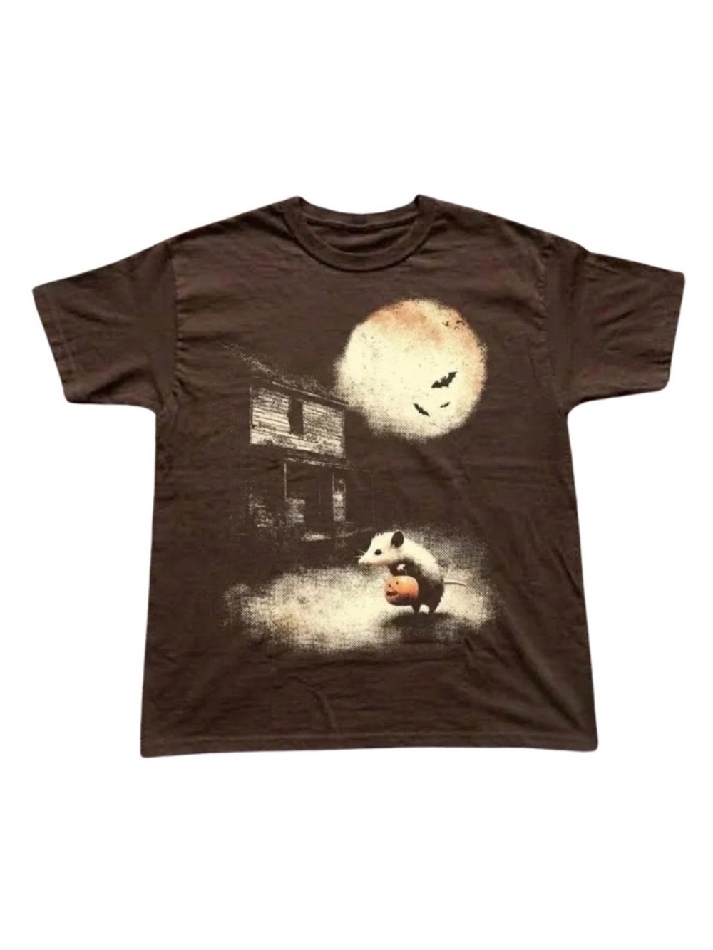 Brown Graphic Halloween Tee with Possum Pumpkin